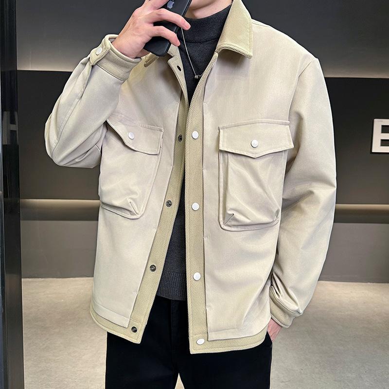 Black Lapel Jacket Tooling Men's Spring and Autumn Solid Color Coat Top Versatile Loose Simple Casual