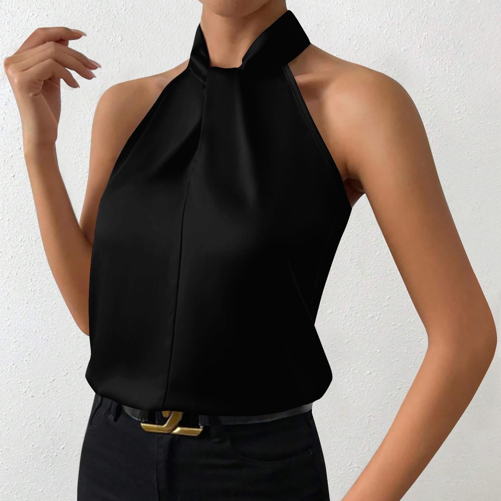 Женская мода сплошной цвет шеи висит без рукавов сексуальный жилет топ L чёрный