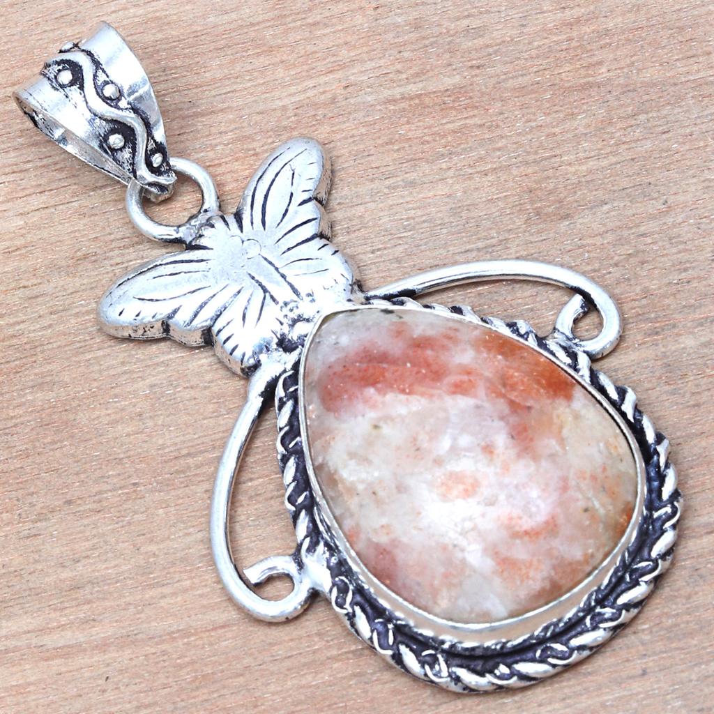 Anhänger Sonnenstein Edelstein Handgefertigt Geschenk Für Sie Ethnisch Silberschmuck 2,25"