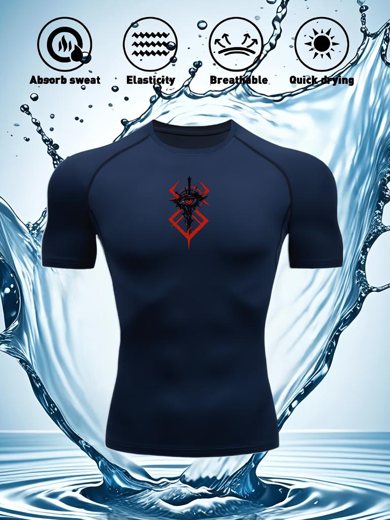 Men's Compression Shirt Quick Dry Navy Blue Gym T-Shirt Red Mystical Symbol Print Workout Sportswear