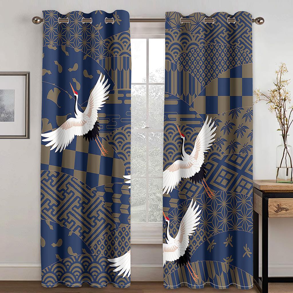 3D Japanese Style Window Treatments Chinese Red-crowned Crane Window Curtains for Bedroom Living Room Home Decor Hooks