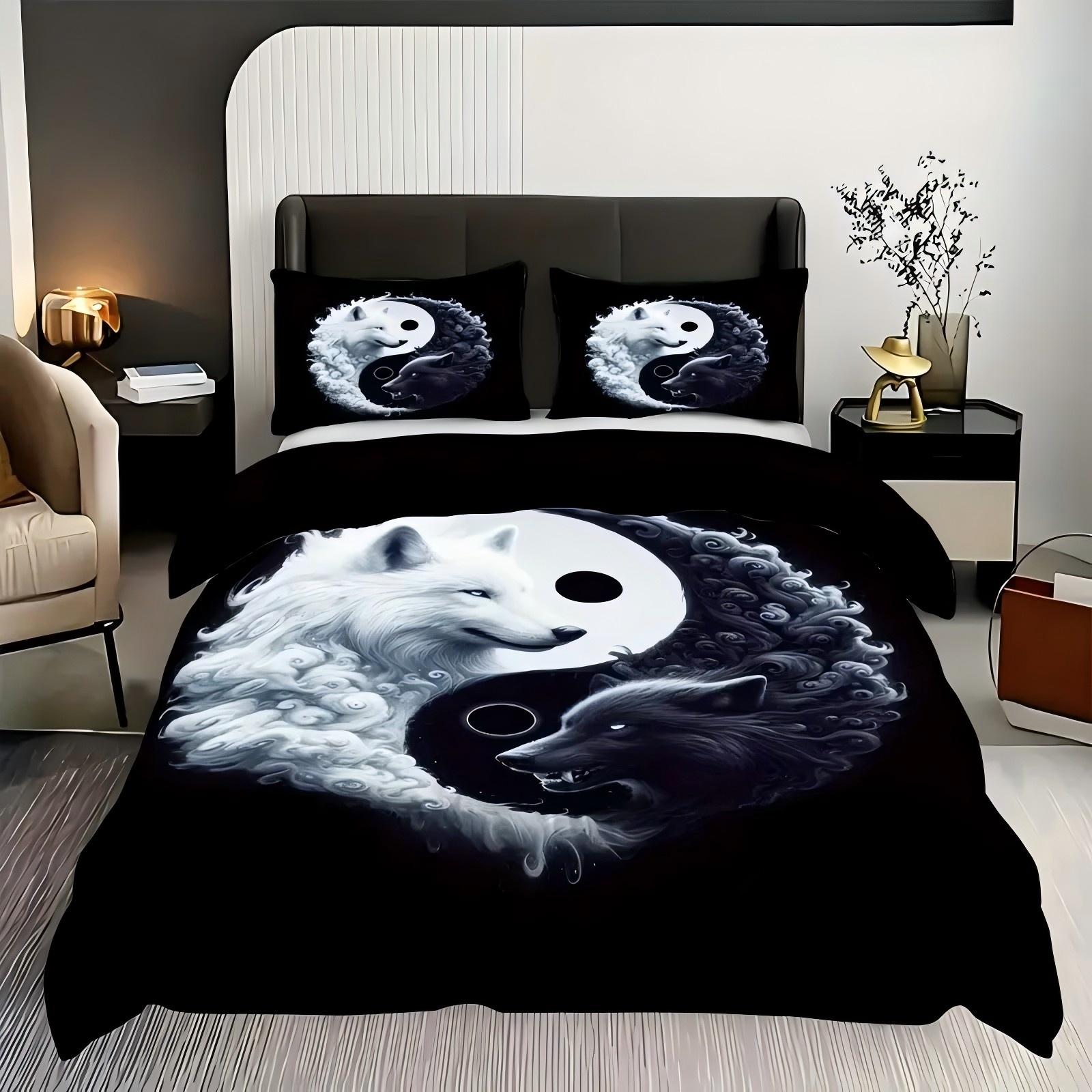 

Fierce Wolf Black White White Tai Chi Pattern 3D Printed Duvet Cover Soft Comfortable Bedding Set Wildlife Theme Quilt Cover Set 135x200cm 2pcs