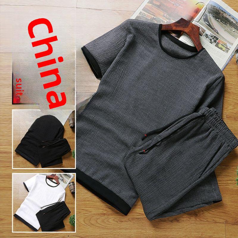 Men's Summer Ice Silk Two-Piece Set: Short-Sleeve Shirt and Cropped Pants, Loose Fit, Casual Sports Style, Large Size Available.