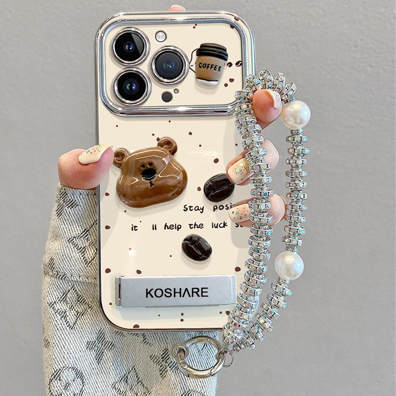 Cute 3D Bear Coffee Phone Case with Stand & Pearl Chain, Aesthetic Luxury Cover for iPhone iPhone 16