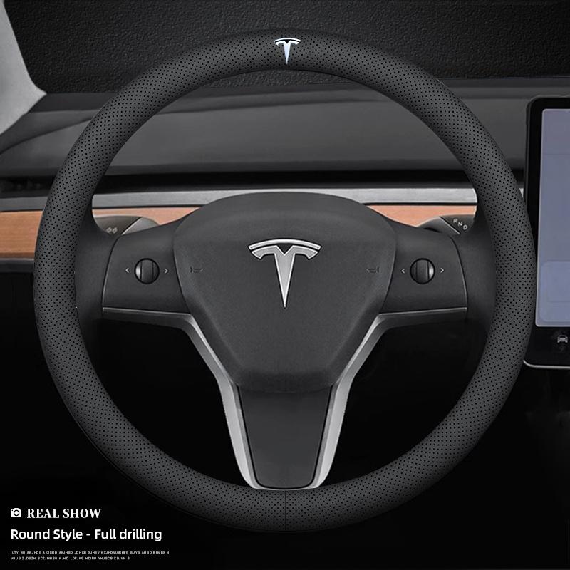 Leather Car Steering Wheel Cover Breathable Antiskid Accessories For Tesla SpaceX Model 3 Highland 2023 Model S Model X Model Y