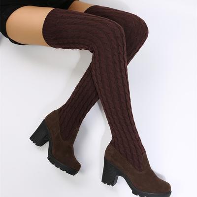 Otoño e Invierno Nuevos Botines de Calcetín Elásticos por Encima de la Rodilla de Tacón Grueso Zapatos de Mujer Moda Tacones Altos Sexy Botas de Color Sólido