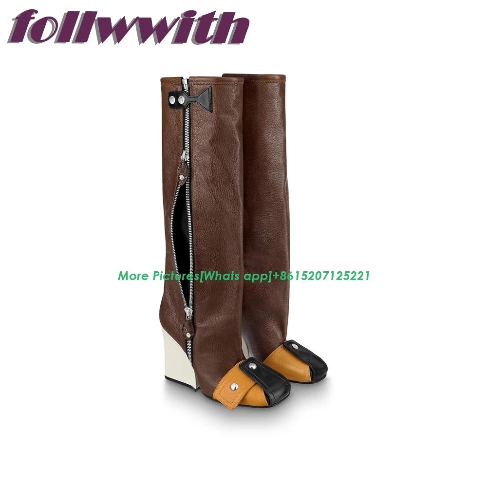 Fashion Patchwork Runway Winter Woman Booties Wedges Knee High Side Zipper Fashion Modern Newest 2025 Shoes Hot Sale Mixed Colors