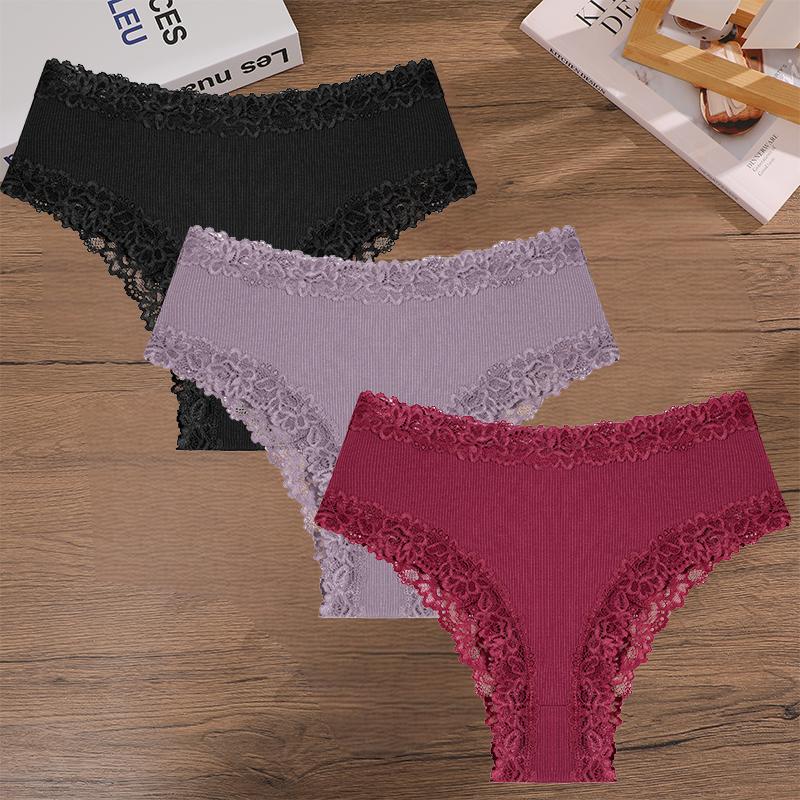 FINETOO 3Pcs Women Cotton Lace Panties Floral Intimate Briefs High Waist Brazilian Panties Female Soft Underpants Lingerie S-XXL