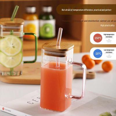 Tazza Quadrata di Vetro Borosilicato di Alto Valore con Manico e Cannuccia, Resistente al Calore, Fondo Piatto