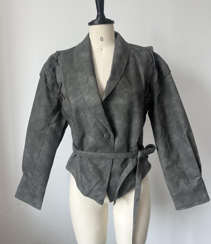 Women's Dark Brown Belted Faux Leather Trench Coat with Wide Lapel