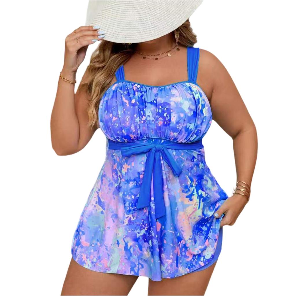 Women’s Plus Size Swimdress Swimsuit with Adjustable Straps and Waist Tie for Beach or Pool Wear