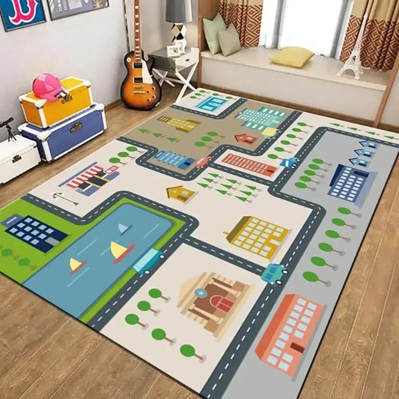 Cartoon Road Cute Children's Game Room Carpet Plush Modern Home Decorative Rug for Bedroom Non-slip Washable Play Mats Large
