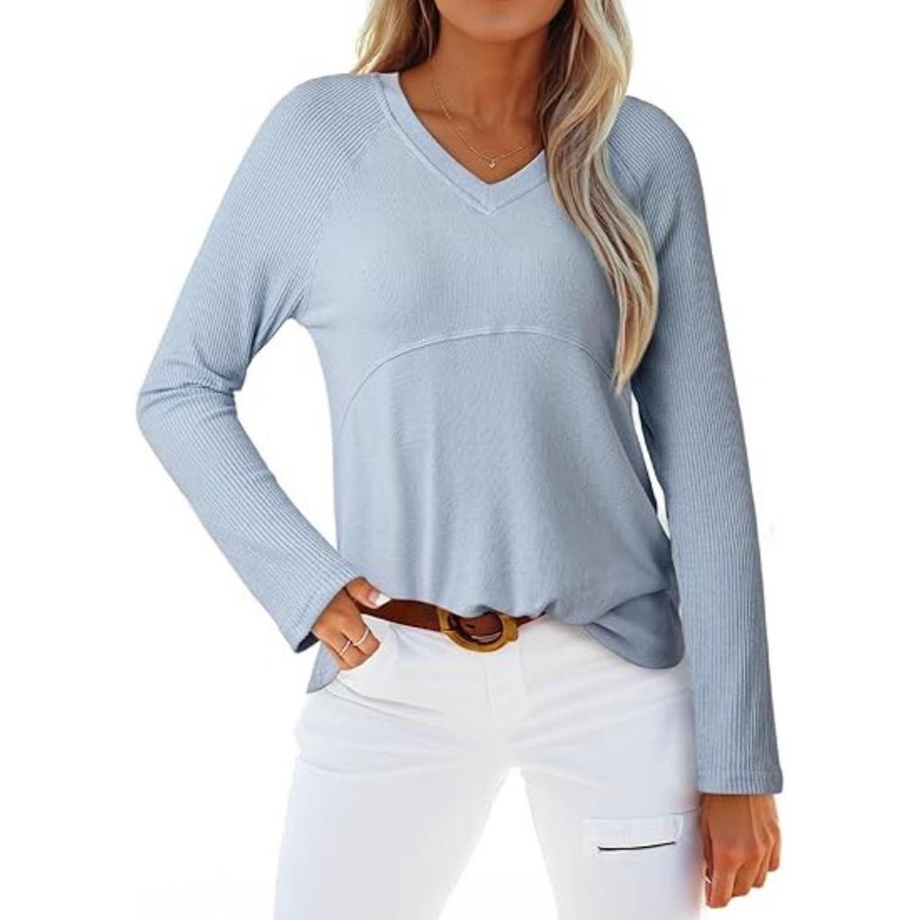 Women's Solid Color V Neck Long Sleeved Top
