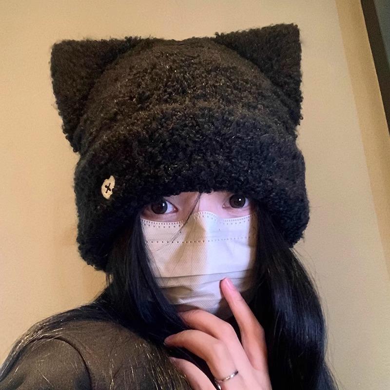Plush Cat Ear Woolen Hat for Women In Autumn and Winter Small Face  Warm  Korean Style Knitted Hat  Cute  Versatile  Ear Protection Cold Hat Trendy