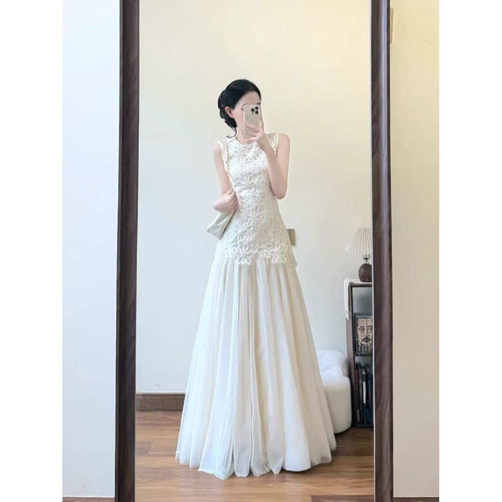 

French Gentle Wind Lace Sleeveless Mesh Long Dress High Sense Waist Skinny Fairy Dress Temperament Dress S