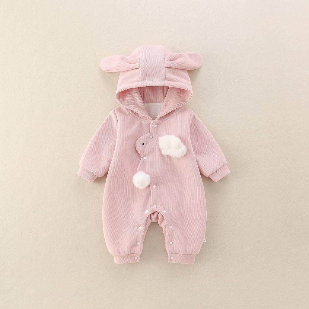 2025 Korean Style Cartoon Hooded Romper for Baby Girls - Cute Autumn Long Sleeve Jumpsuit