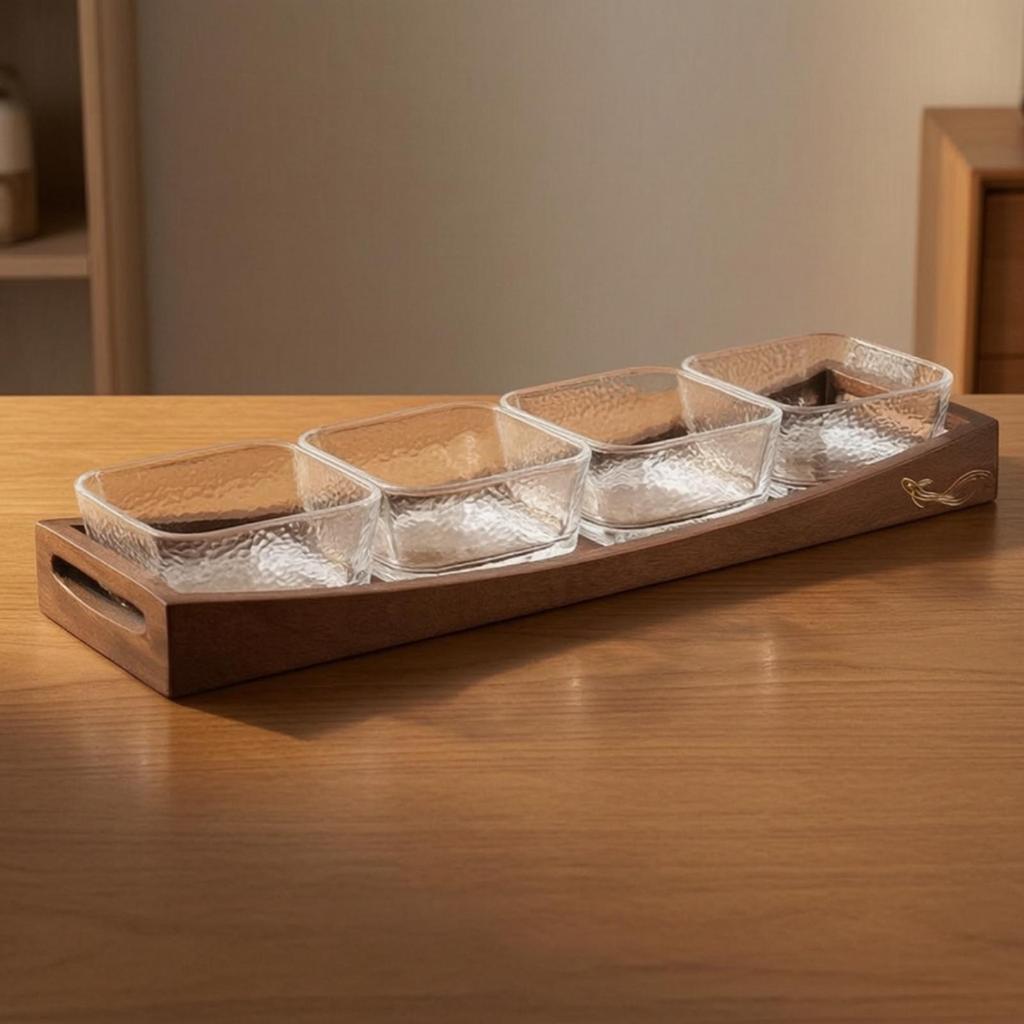 Wood Snack Tray with Glass Bowls Wooden Serving Dishes Appetizer