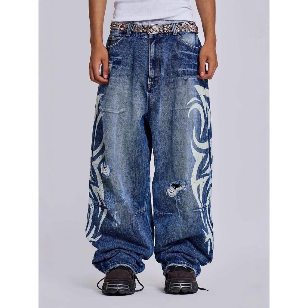 FlowStreet Jeansy z nadrukiem Moda Nowe Harajuku High Street Duży rozmiar Luźne spodnie Codzienne Jeansy z wysokim stanem