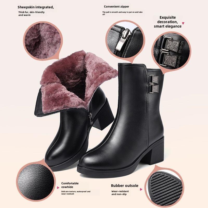 Winter Warm Wool Women's Boots Real Soft Leather Short Boots Padded Thickened Cotton Boots Mid-calf Boots Mom Cotton Shoes Thick Heeled