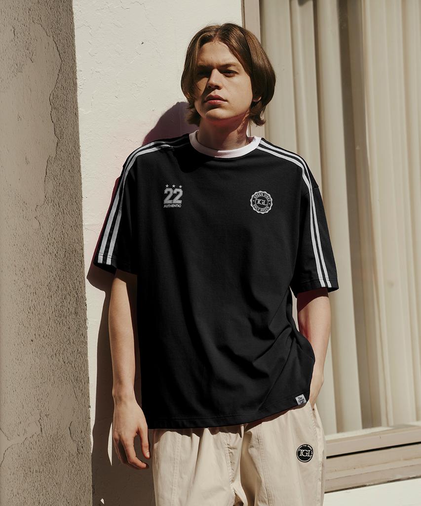 THE GREEN LAB Soccer Football Color Block Short Sleeve T-Shirt [Black]