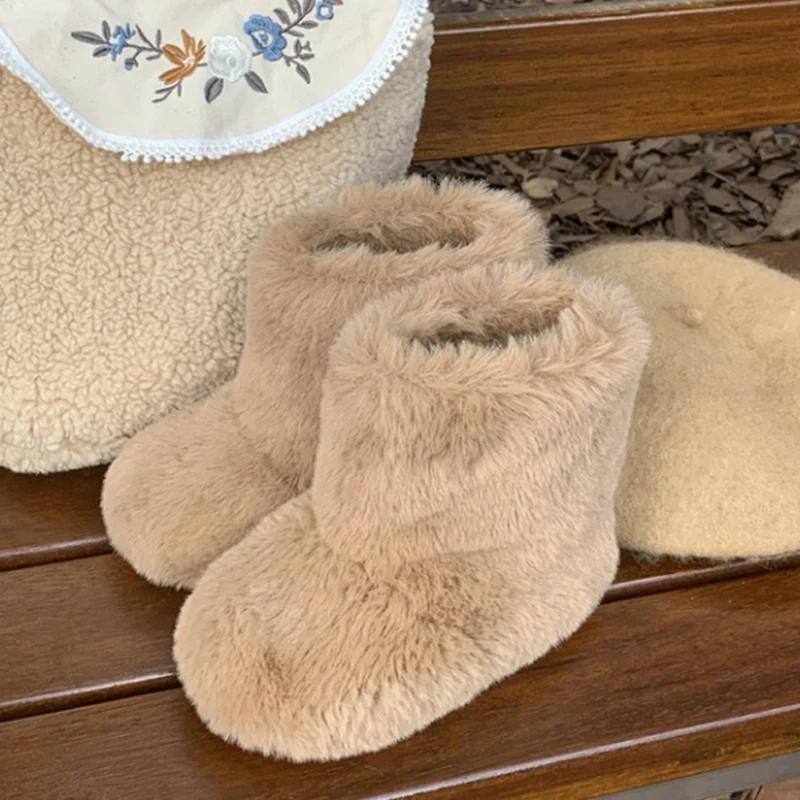 Fluffy varme plysjstøvler Baby jenter Luksus tykke pels støvletter Småbarn Barn Vintermote Rund tå Slip-on utendørs bomullssko