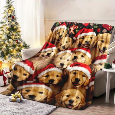 Christmas Golden Retrievers Flannel Blanket - Soft 200-250g | All-Season Machine Washable Throw for Home Office Camping Travel
