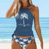 Women's Halter Blue Coconut Tree Print Bikini Tankini Swimsuit