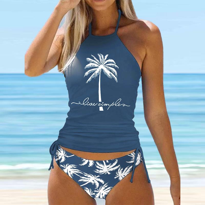 Women's Halter Blue Coconut Tree Print Bikini Tankini Swimsuit