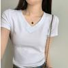 Front Shoulder Short-sleeved T-shirt Women's New Summer Basic Slim-fitting and Thin American Flower Gray V-neck Top