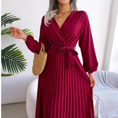 Vestido largo plisado elegante de manga larga con escote en V para mujer