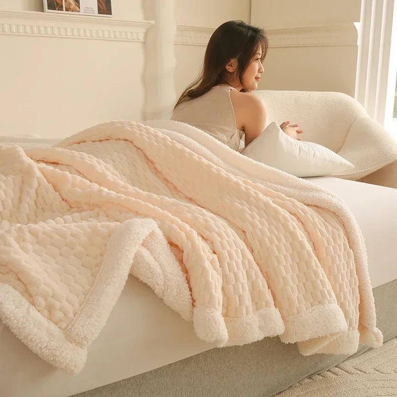 Fleece Autumn Winter Warm Blankets for Beds Sofa Soft Skin Friendly Faux Lambswool Blanket Flocked Comforter