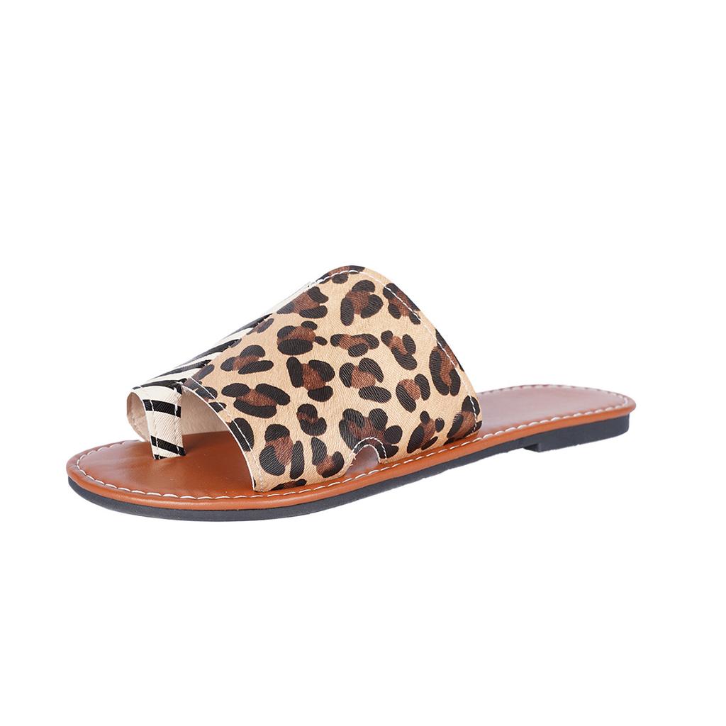 Large size cool slippers women's 202 leopard print set toe flat bottom one-word drag round head slippers