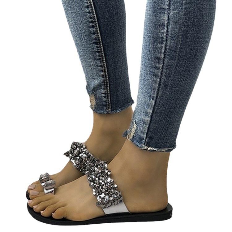 2025 Summer New Set of Toe Sequined Sandals Women's Casual Large Size Foreign Trade Rhinestone Slippers Women