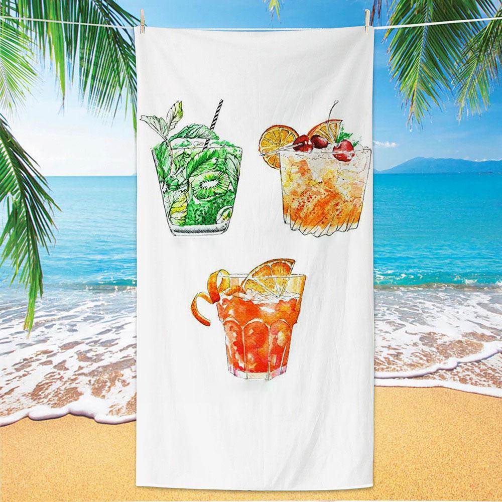 Orange Cocktail Polyester Beach Towel Summer Drink Printed Bath Towel Quick Dry Sand Free for Pool Party Holiday Seaside Spa