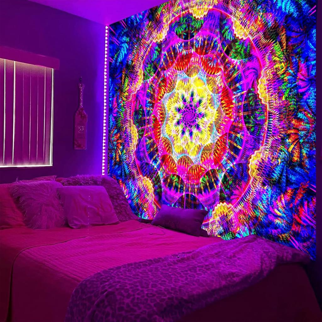 Blacklight Trippy Mandala Tapestry, Boho Black Light Posters for Adults UV Reactive Room Decor for Bedroom Wall