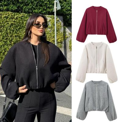 European & American Women's Soft Round Neck Bomber Jacket - New Autumn/Winter Collection