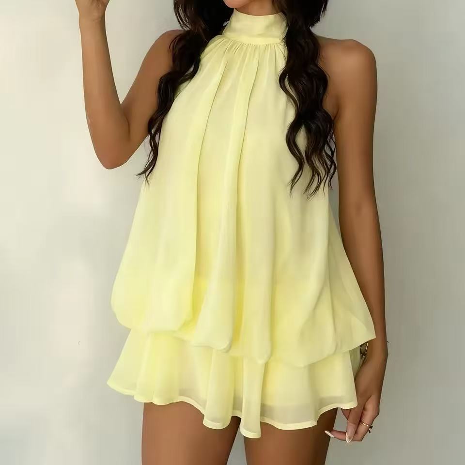 2026 summer neck sleeveless dress for women, double-layer ruffle edge loose and thin black short skirt