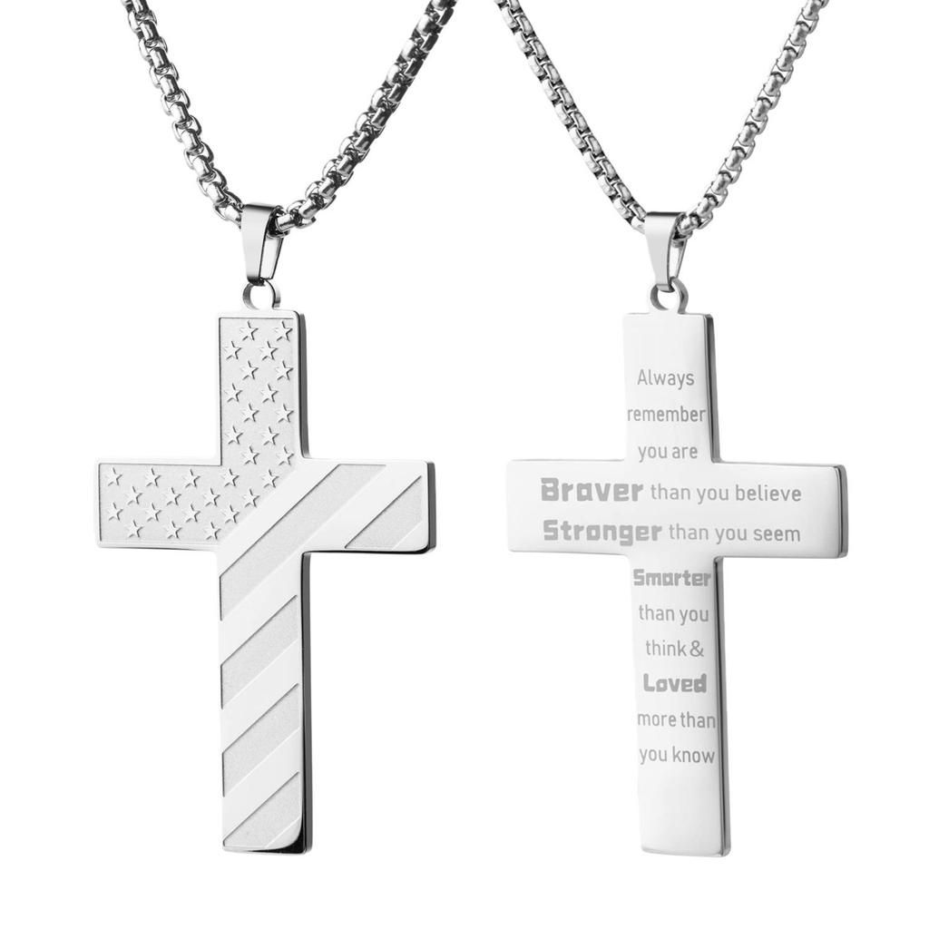 American Flag Stars & Stripes Men's Stainless Steel Cross Necklace Pendant
