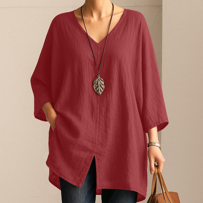 

ZANZEA Женская повседневная блузка с V-образным вырезом, свободного кроя, с рукавом 3/4, однотонная