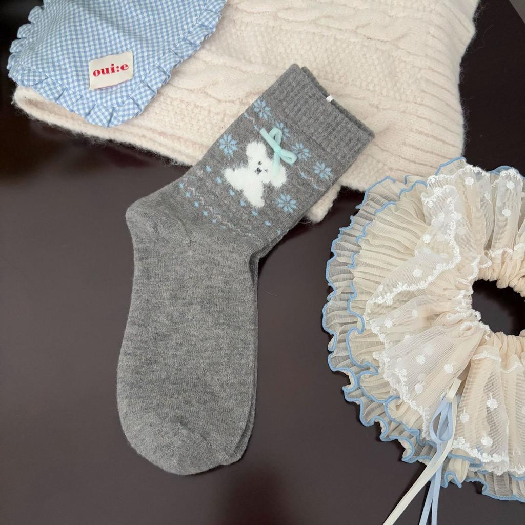 Ladies Autumn Winter Thick Warm Bow-dotted Wool Mid Tube Socks