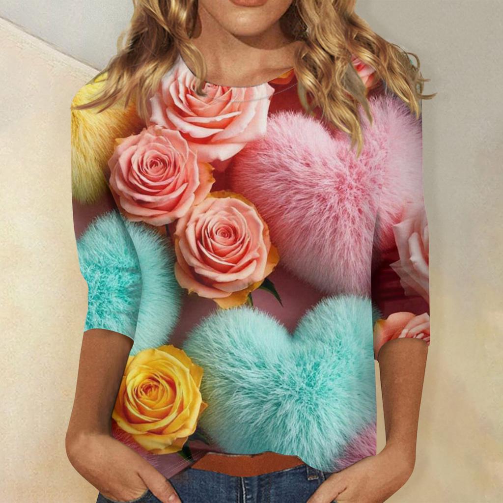 Damski top z nadrukiem walentynkowym, modny, casualowy, z rękawem 3/4 i okrągłym dekoltem