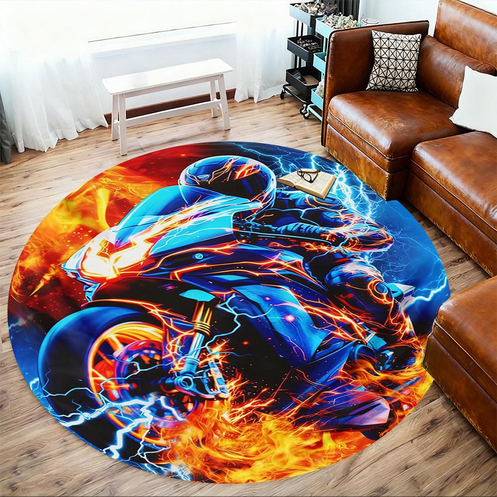 1PC Motorcycle Fire Round Chair mat Area Rug - Non-Slip, Floor Mat for Office, Bedroom, and Indoor Decor -Gift D1127229