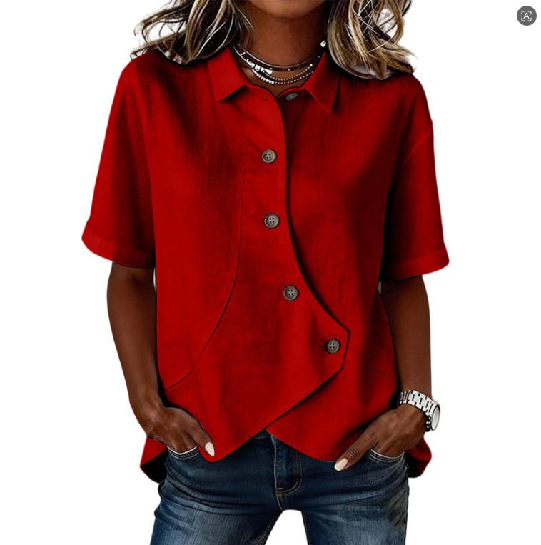 Casual Solid Color Cotton Short Sleeve Shirt For Women With Asymmetric Design For Office Wear
