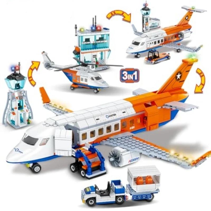 3-in-1 Stadt Flughafen Baustein Flugzeug Passagierterminal Personal Flugzeug Gepäckwagen Bus STEM Lernspielzeug Weihnachtsgeschenk