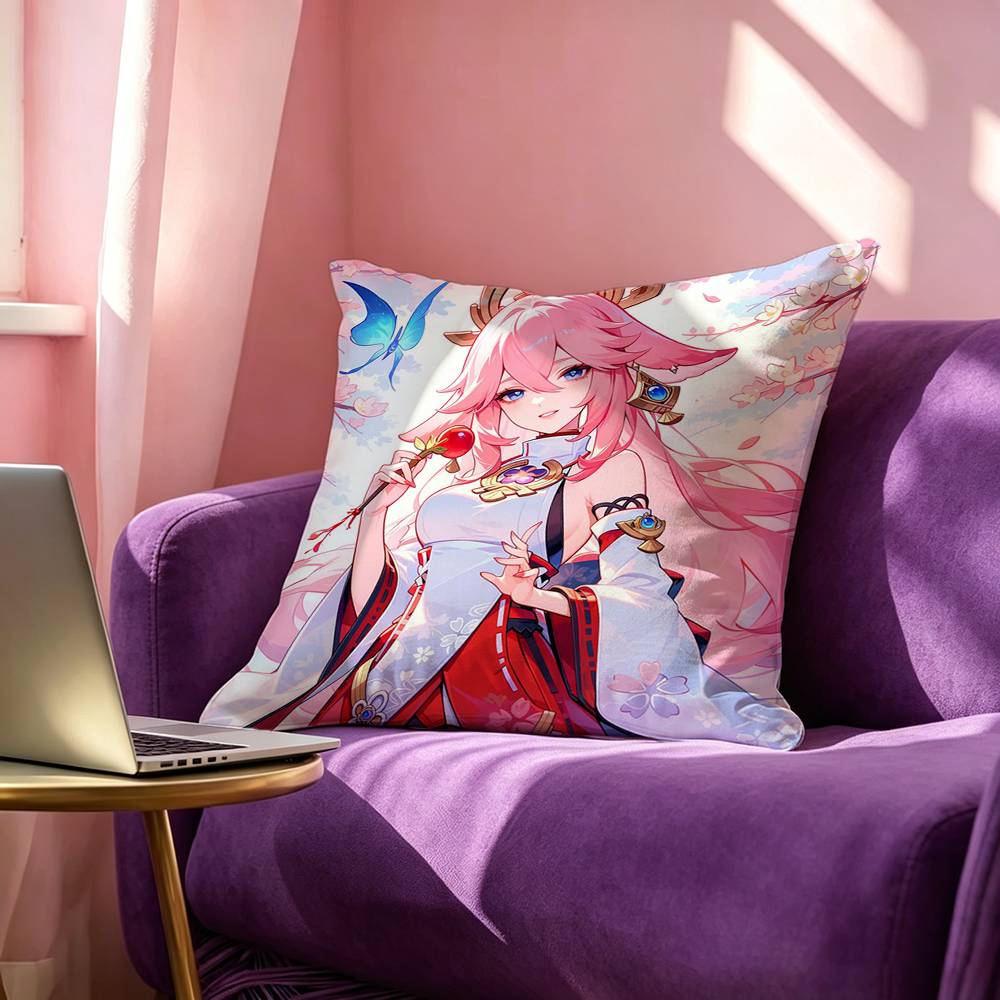 Yae Miko Cute Genshin Impact Pillow Case Square DoubleSided Sofa Cushion Cover Bedroom Bedside Pillow