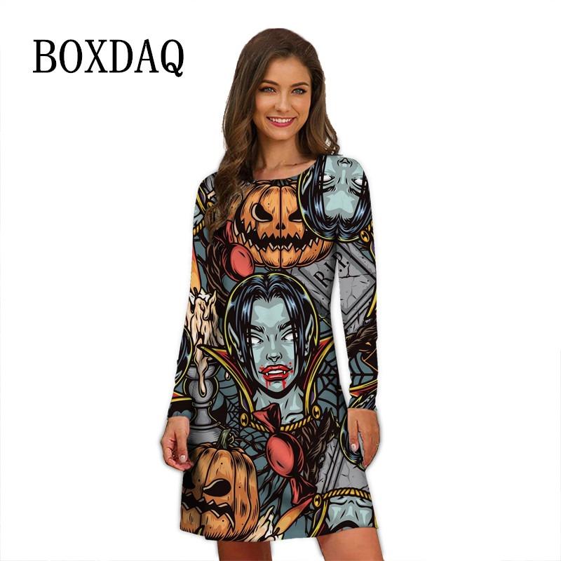 Winter Halloween Party Pumpkin Lantern Dresses For Women Funny Abstract Face Anime Print Dress Causal Oversize Clothing