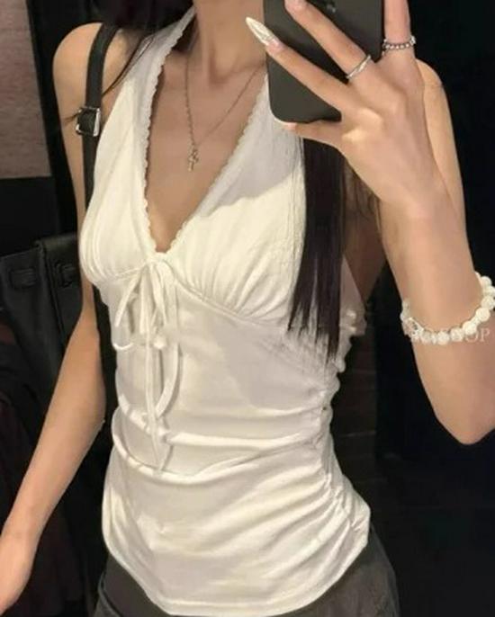 

210г Тонкий хлопок Острый кружевной топ-халтер на шнуровке - Женская летняя облегающая майка S