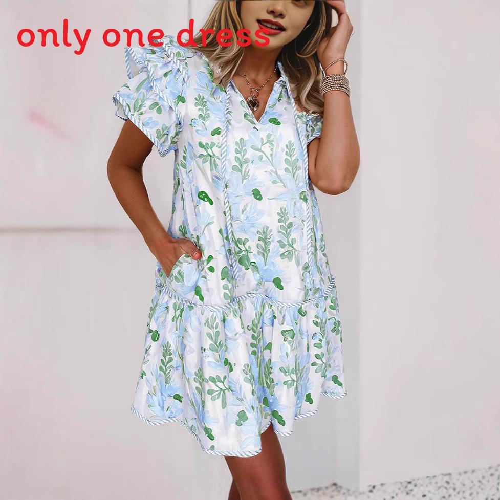Floral Colorblock V Neck Pocket Dress With Short Sleeves For Spring 2025
