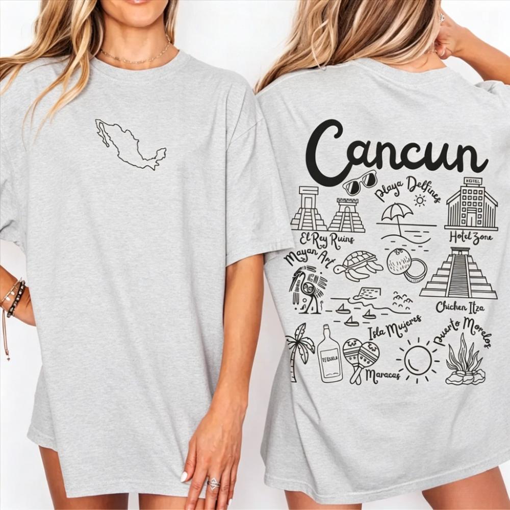 Cancun Shirt Doodles Landmarks Unisex Casual Shirt Mexican Gift Souvenir Summer Tee Playa Del Carmen Women