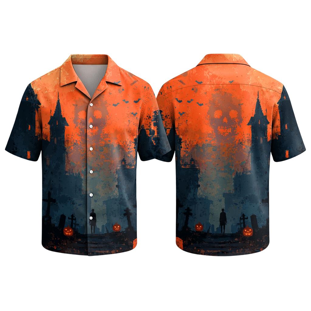 Men's Casual Short Sleeve Button Down Shirt Halloween Print Camp Collar Relaxed Fit Lightweight Top